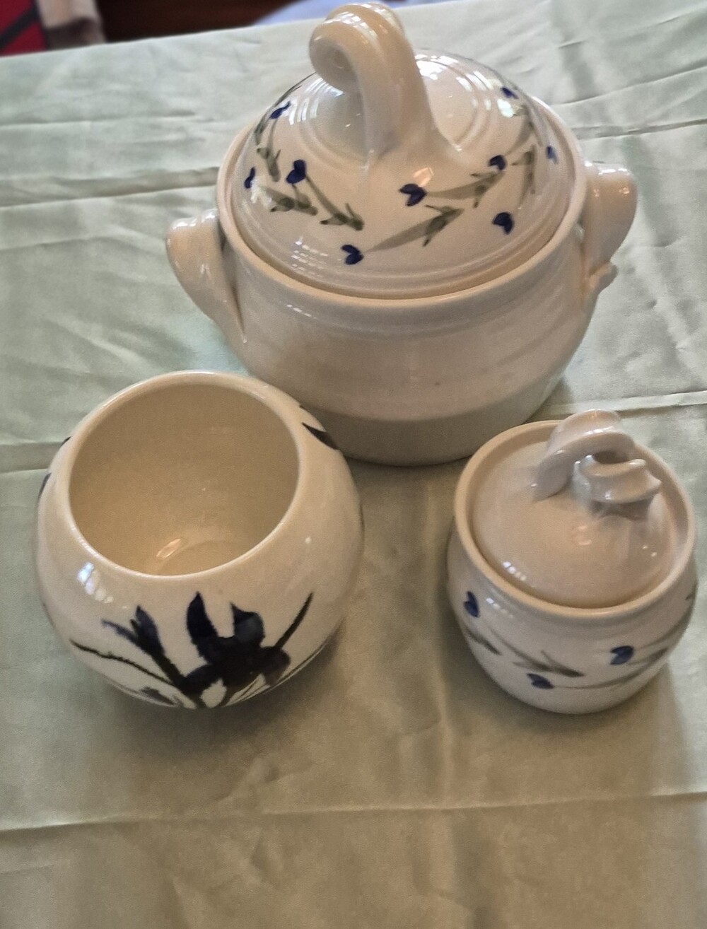 Hand-Painted Signed Ceramic Pottery Sugar, Casserole, & Vase 3 Pc Set